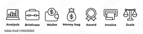 Mastering Business Success Icons set vector illustration with analysis, briefcase, wallet, money bag, award, invoice, scale