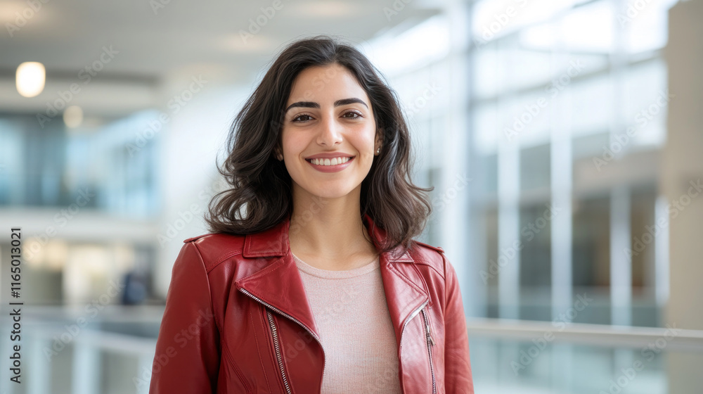Arabian woman in red leather jacket smiling at spacious office building Arabian woman in red leather jacket smiling at spacious office building