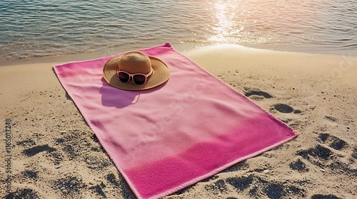 A pink beach towel with a straw hat on it photo