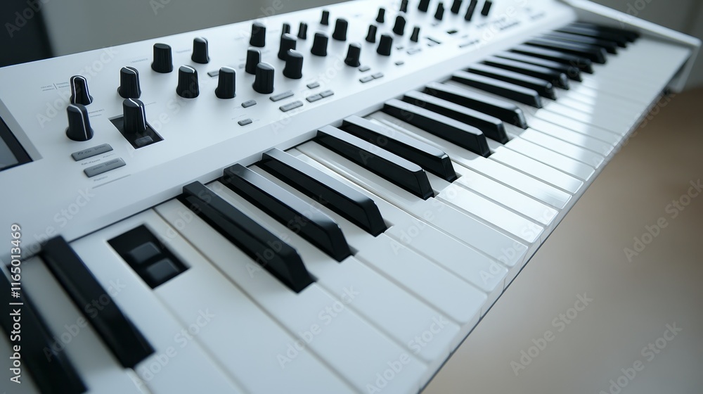 Fototapeta premium A close-up view of a keyboard with black and white keys and various control knobs.