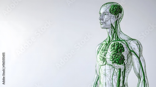 Diagram of the human lymphatic system, showcasing the intricate network of vessels and nodes responsible for immune response and fluid balance in the body. Essential for understanding health and disea photo