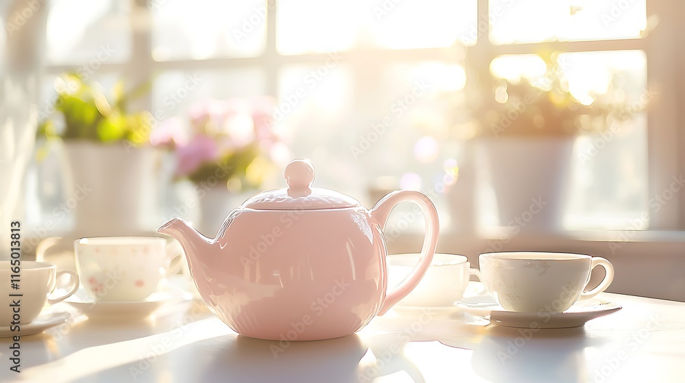 A pink tea kettle sits on a table with a white cup and saucer A pink tea kettle sits on a table with a white cup and saucer