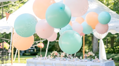 Pastel-colored balloons floating above a white tent setup for an outdoor party.