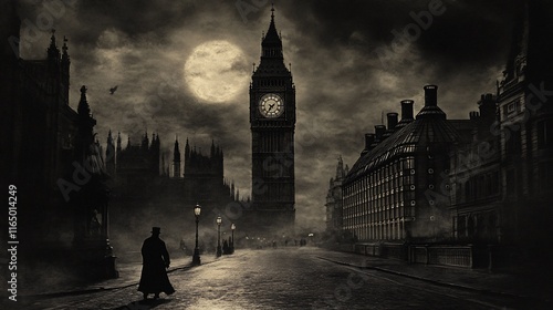 Mysterious London street at night, Big Ben under full moon.