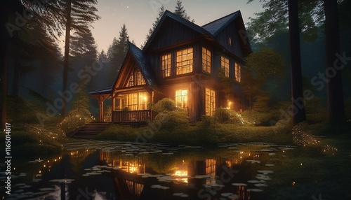 house in the woods, view of a house in the middle of the forest at night with yellow lights