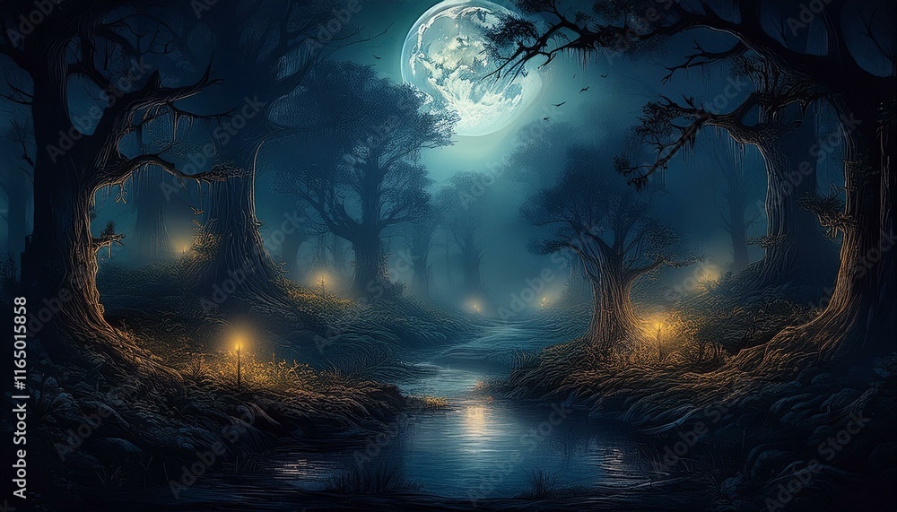 Fototapeta premium night atmosphere with a full moon, river view among the trees at night