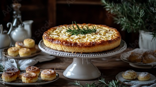 A festive arrangement of Vasilopita on a cake stand, garnished with fresh sprigs of rosemary and surrounded by small plates holding Greek pastries like koulourakia and melomakarona. --ar 16:9 photo