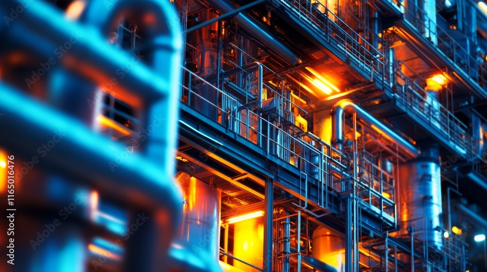 Industrial setting with illuminated pipes and machinery, showcasing energy and production. Industrial setting with illuminated pipes and machinery, showcasing energy and production.