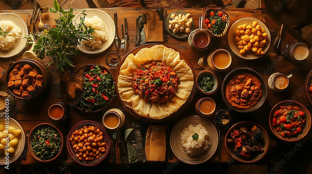 A festive Ethiopian dining table featuring Doro Wat as the centerpiece, surrounded by colorful side dishes, fresh injera rolls, and traditional cups of Ethiopian coffee, all captured in warm, A festive Ethiopian dining table featuring Doro Wat as the centerpiece, surrounded by colorful side dishes, fresh injera rolls, and traditional cups of Ethiopian coffee, all captured in warm,