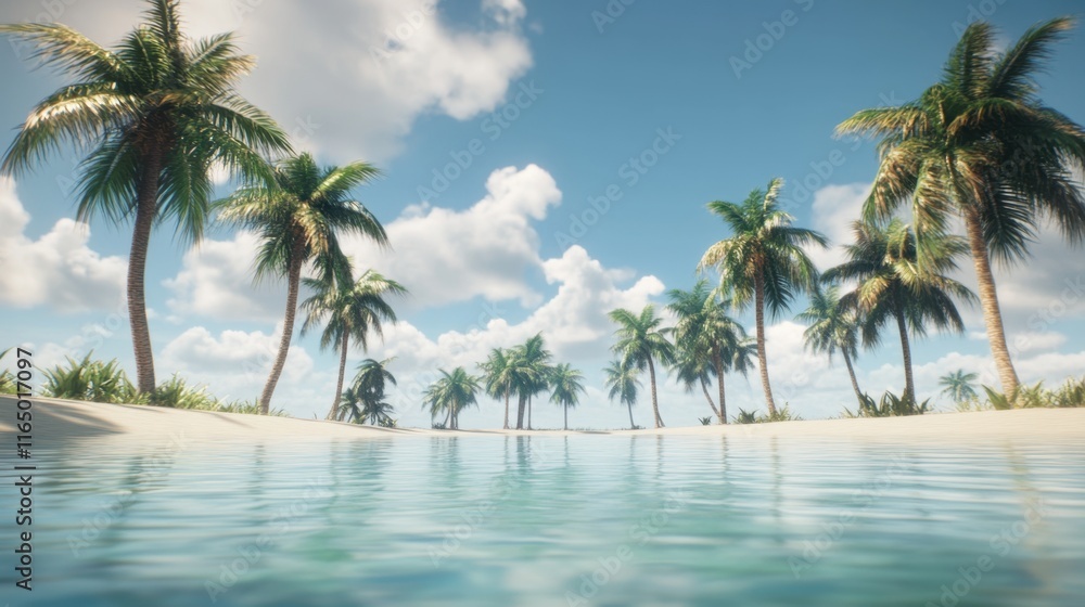 Serene Tropical Beach with Palm Trees and Calm Blue Waters Serene Tropical Beach with Palm Trees and Calm Blue Waters