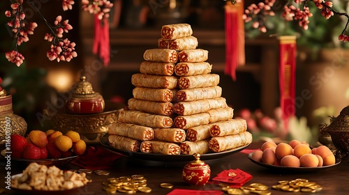 A festive arrangement of Bánh Chưng, wrapped and stacked in a pyramid style, surrounded by Tet decorations like red envelopes, peach blossoms, and gold coins, photo