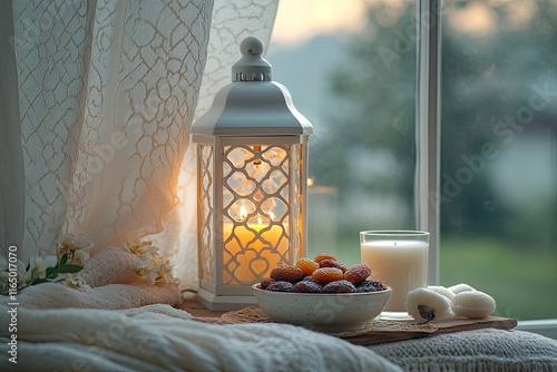 Ornate decorative lantern glowing with warm light, paired with a string of red prayer beads, set against a soft, blurred background with golden tones. The image captures a peaceful and spiritual ambia photo