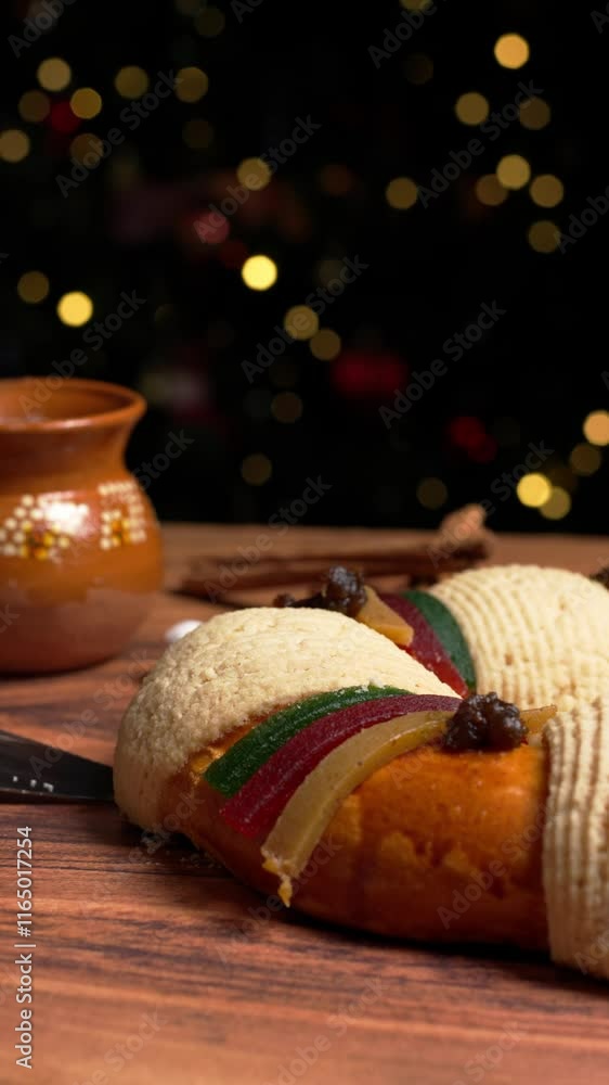 Vertical video, showing a slice of the traditional rosca de reyes magos or three kings bread with the Christmas tree lights in the background
