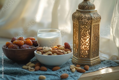 Ornate decorative lantern glowing with warm light, paired with a string of red prayer beads, set against a soft, blurred background with golden tones. The image captures a peaceful and spiritual ambia photo