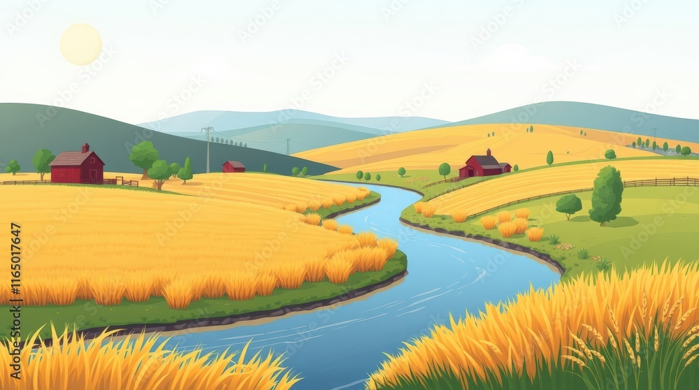 Naklejka premium Serene Rural Setting with Wooden Fences and Lush Green Trees