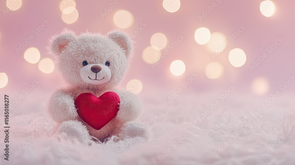 Obraz premium A cute teddy bear holding a red heart, placed on a pastel pink background with soft bokeh lights.