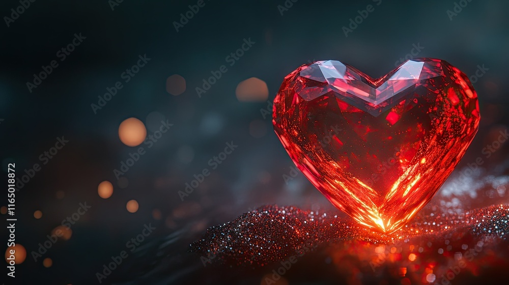 A glowing red heart-shaped crystal surrounded by sparkles on a dark gradient background. A glowing red heart-shaped crystal surrounded by sparkles on a dark gradient background.