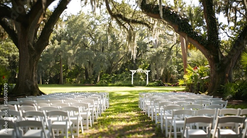 Rows of white chairs set up under a canopy of trees for an outdoor garden ceremony.