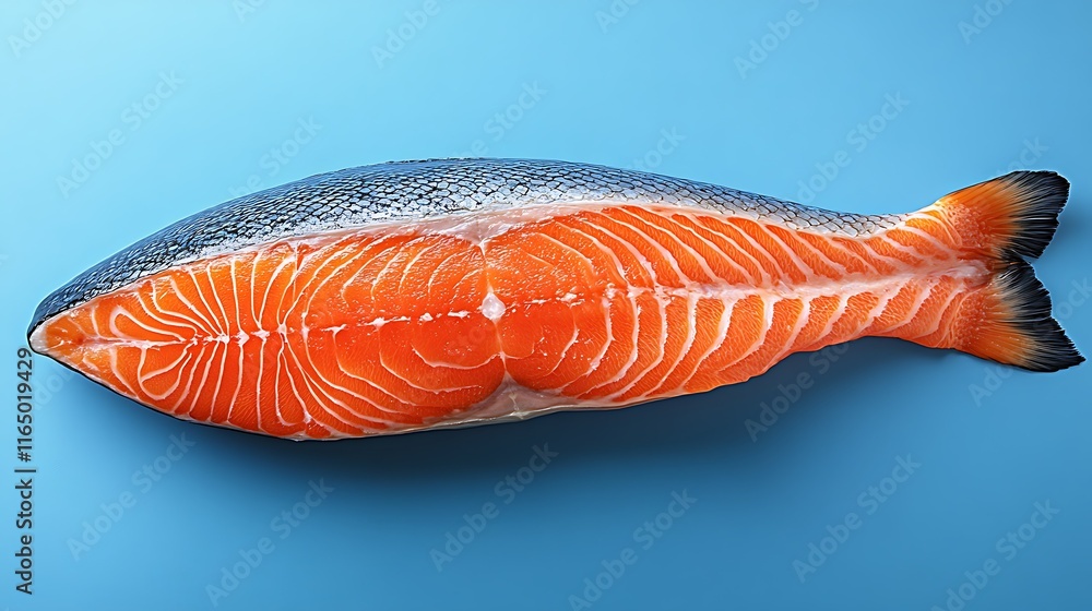 Fresh salmon fillet on blue background, top view. Fresh salmon fillet on blue background, top view.