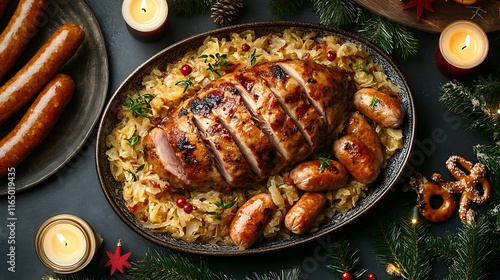 A festive presentation of sauerkraut and pork served on a ceramic platter, with golden-brown sausages alongside the pork, surrounded by traditional German decor like candles, pretzels, photo