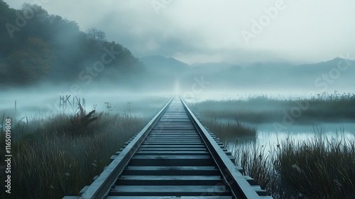 A fog-shrouded pathway of metal rails extending through a tranquil landscape symbolizing an enigmatic journey  photo