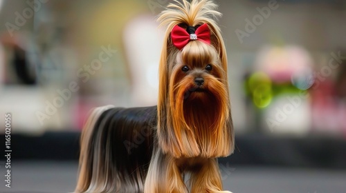 Charming Yorkshire Terrier with its silky smooth coat standing gracefully, showing its intelligent and alert eyes along with a cute little black nose photo