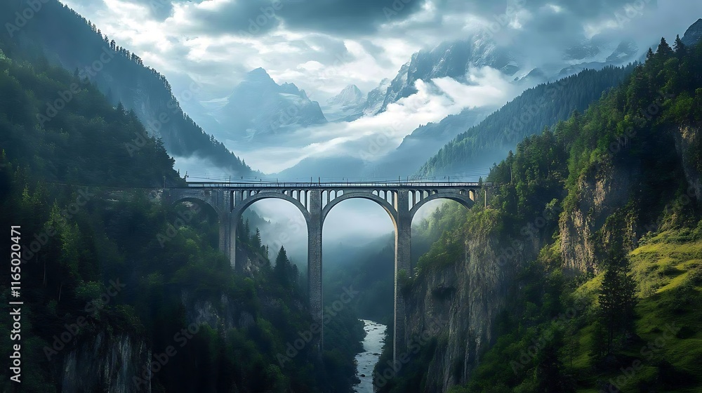 Fototapeta premium A panoramic view of a railway bridge connecting two peaks symbolizing the crossing of nature and technology 