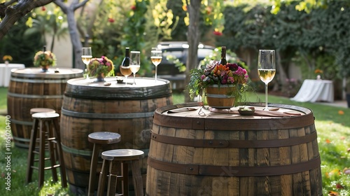 Rustic wooden barrels used as cocktail tables at an outdoor wine-tasting event.