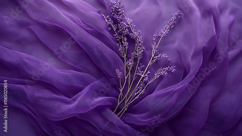 Purple fabric backdrop with lavender sprigs.