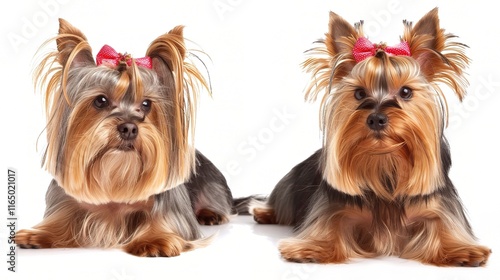 Charming Yorkshire Terrier with its silky smooth coat standing gracefully, showing its intelligent and alert eyes along with a cute little black nose photo