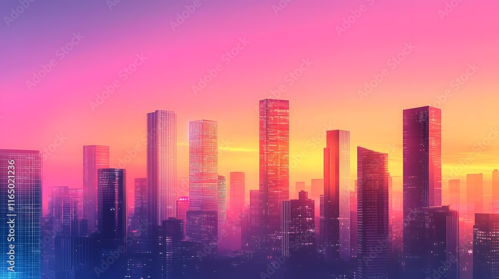 Fototapeta premium Vibrant City Skyline at Sunset Glowing Buildings