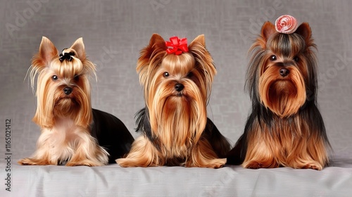 Charming Yorkshire Terrier with its silky smooth coat standing gracefully, showing its intelligent and alert eyes along with a cute little black nose photo