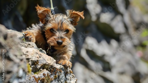 Charming Yorkshire Terrier with its silky smooth coat standing gracefully, showing its intelligent and alert eyes along with a cute little black nose photo