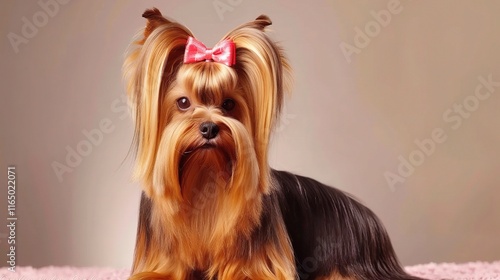 Charming Yorkshire Terrier with its silky smooth coat standing gracefully, showing its intelligent and alert eyes along with a cute little black nose photo