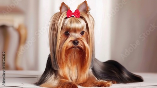 Charming Yorkshire Terrier with its silky smooth coat standing gracefully, showing its intelligent and alert eyes along with a cute little black nose photo