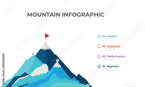 Mountain progression path. Climbing progress route, mountain peak overcoming, mountain climbing path with red flag on top vector illustration. Way path infographic,
