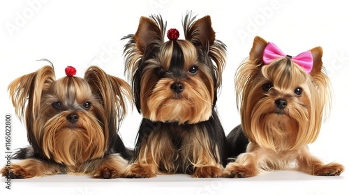 Charming Yorkshire Terrier with its silky smooth coat standing gracefully, showing its intelligent and alert eyes along with a cute little black nose photo