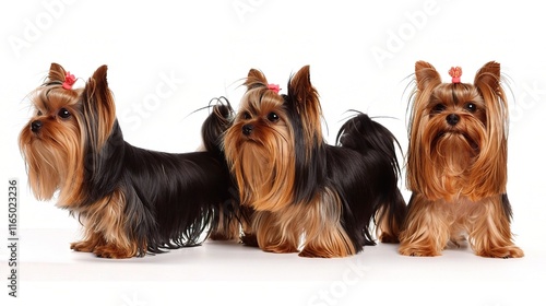 Charming Yorkshire Terrier with its silky smooth coat standing gracefully, showing its intelligent and alert eyes along with a cute little black nose photo