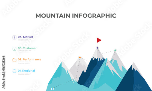Mountain progression path. Climbing progress route, mountain peak overcoming, mountain climbing path with red flag on top vector illustration. Way path infographic,