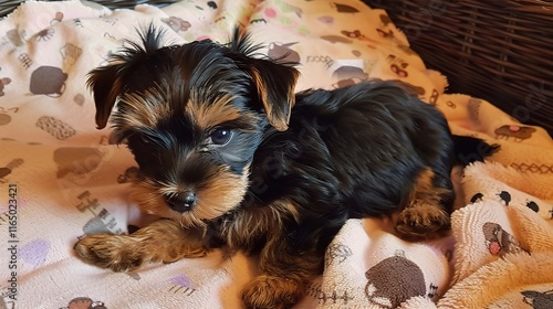 Charming Yorkshire Terrier with its silky smooth coat standing gracefully, showing its intelligent and alert eyes along with a cute little black nose photo