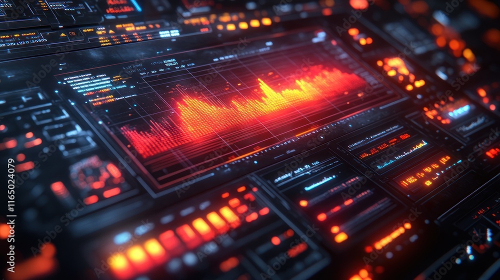 Digital interface displaying sound wave analysis. Digital interface displaying sound wave analysis.
