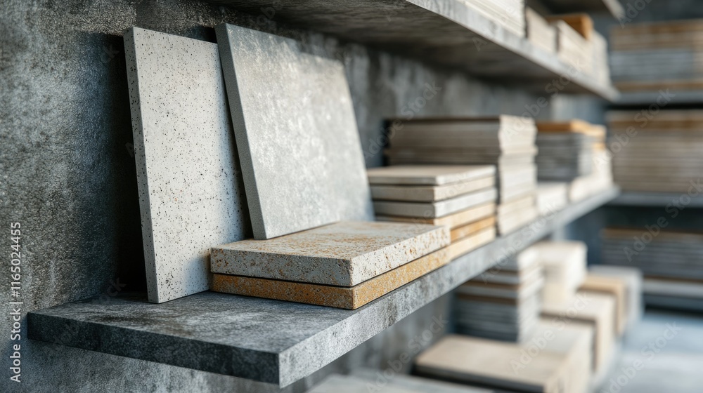 Rows of concrete-effect tiles neatly displayed on a modern shelf, styled for an urban and industrial interior. Rows of concrete-effect tiles neatly displayed on a modern shelf, styled for an urban and industrial interior.