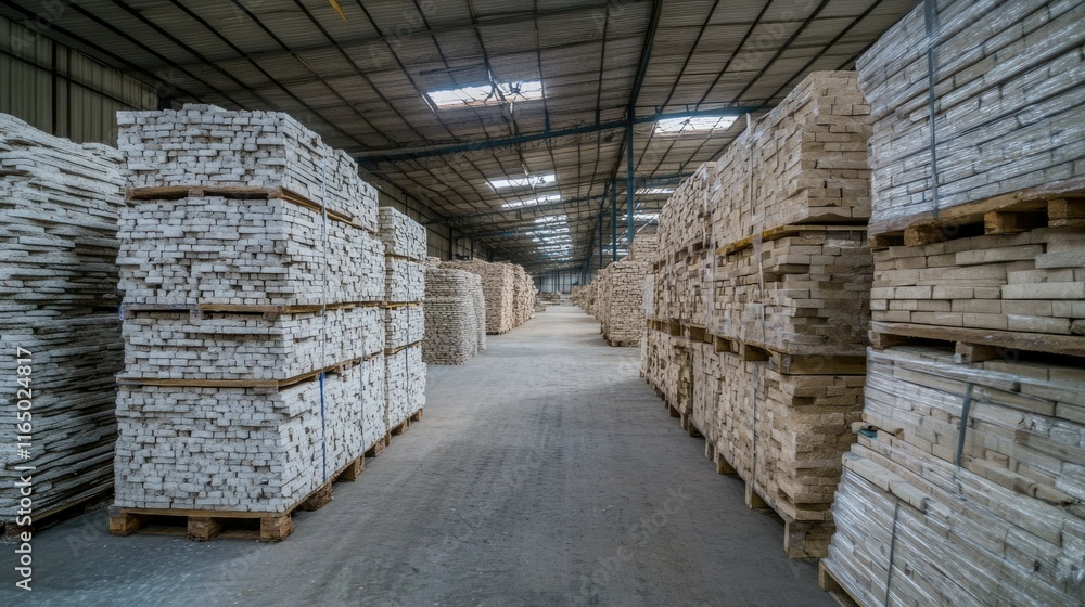 Stacks of gypsum boards in various sizes and thicknesses organized in a spacious factory warehouse. Stacks of gypsum boards in various sizes and thicknesses organized in a spacious factory warehouse.