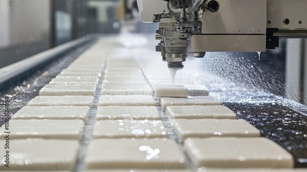 Tiles being glazed by automated spray systems for a glossy finish in a high-speed production line. Tiles being glazed by automated spray systems for a glossy finish in a high-speed production line.
