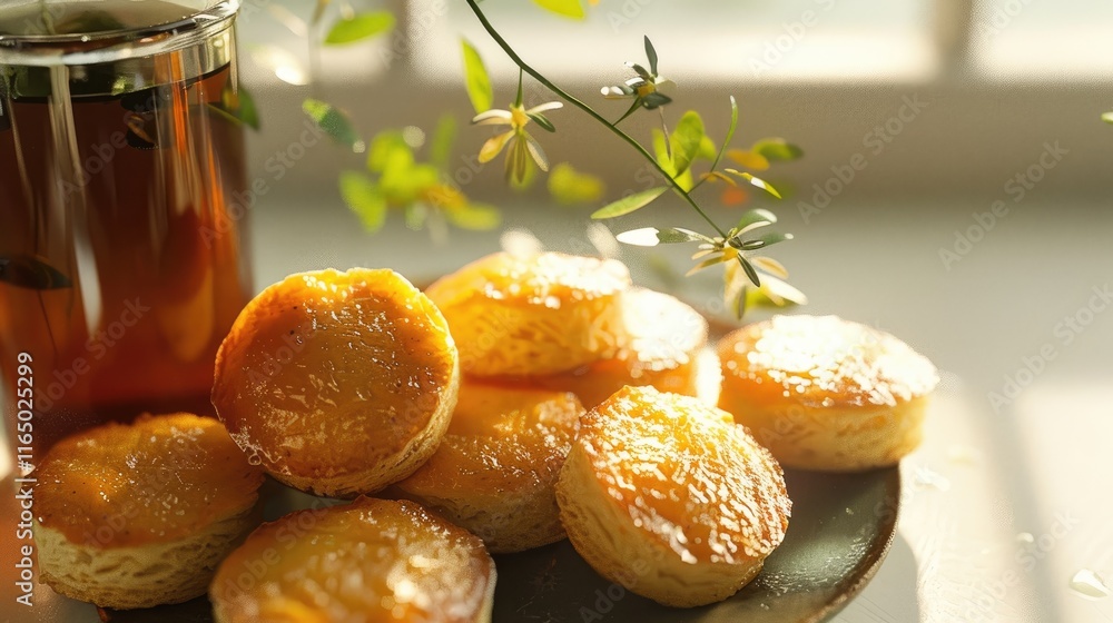 A plate of golden pastries beside a glass of tea, illuminated by soft natural light. A plate of golden pastries beside a glass of tea, illuminated by soft natural light.