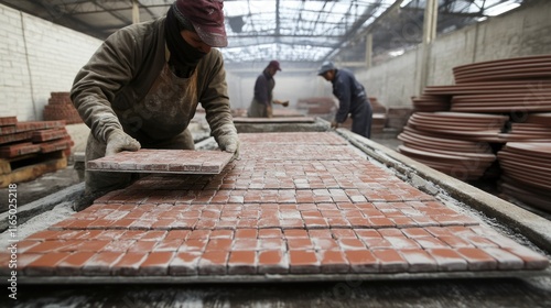 Wallpaper Mural Workers placing raw tiles onto kiln trays, preparing for firing in an industrial-scale tile plant." Torontodigital.ca