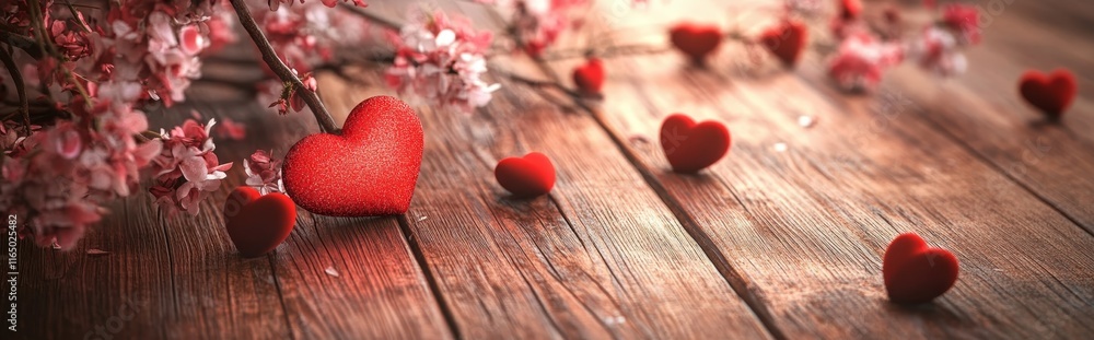 A romantic scene with red hearts and pink flowers on a wooden surface. A romantic scene with red hearts and pink flowers on a wooden surface.