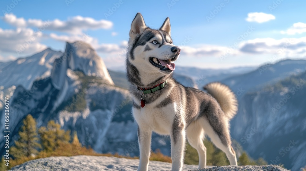 Naklejka premium Husky dog standing on a mountain peak. (1)