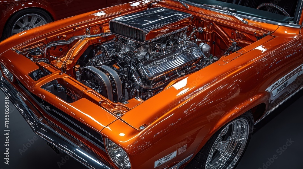 Obraz premium A vibrant orange car engine showcasing custom modifications and detailing.