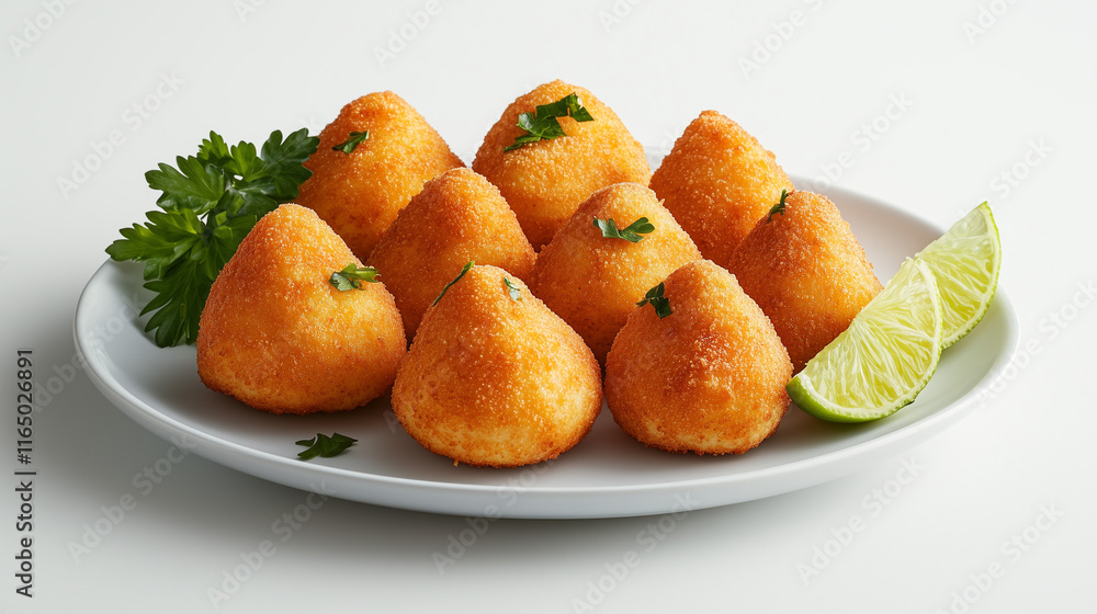 Plate of crispy coxinhas with parsley and lime on white background Plate of crispy coxinhas with parsley and lime on white background